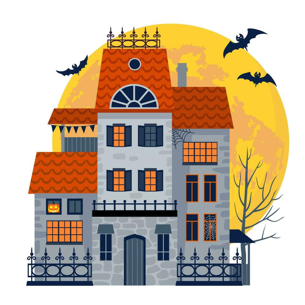 halloween besatt hus med de måne i de bakgrund. illustrerade vektor element.