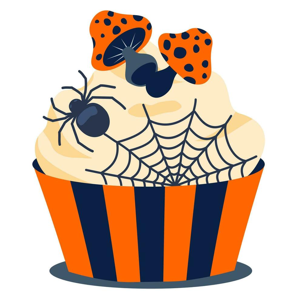 Halloween gruselig Cupcake mit Spinnweben, Spinnen, giftig fliegen Pilze. Vektor illustriert Element.