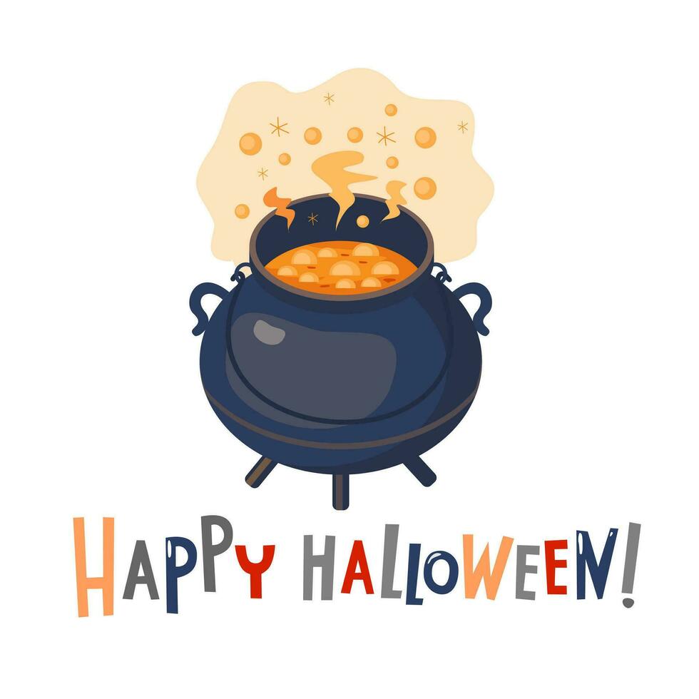 ein Hexe Kessel mit ein Hexerei Trank. glücklich Halloween Inschrift. illustriert Vektor Clip Art.