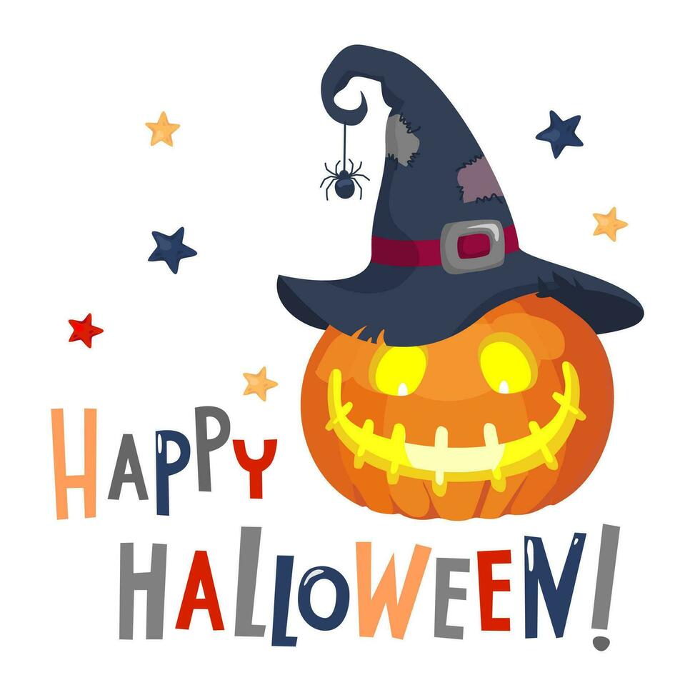 pumpa i en häxa hatt med text Lycklig halloween. illustrerade vektor ClipArt.