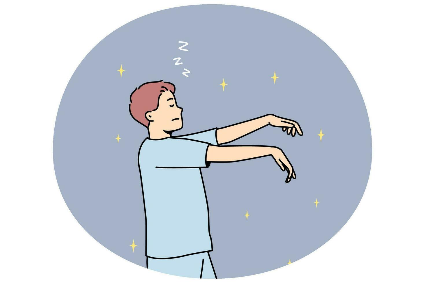 man i pyjamas sömnpromenader på natt. ung manlig sovande i pyjamas gående i sova. vektor illustration.