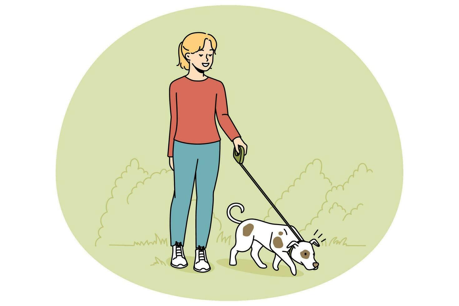 flicka gående hund på koppel utomhus. Lycklig barn med sällskapsdjur njuter promenad i parkera. inhemsk djur- och vänskap. vektor illustration.