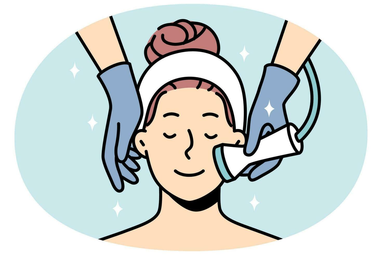 kvinna njut av ansikte hud behandling i salong. Lycklig lugna kvinna klient har microdermabrasion peeling i spa. hudvård rutin. vektor illustration.