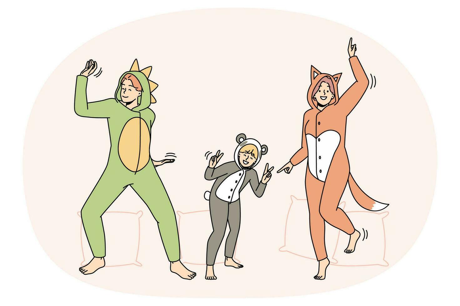 människor i kigurumi pyjamas ha roligt dans inomhus. leende vuxna och unge njuter pyjamas Hem fest tillsammans. fritid helgen. vektor illustration.