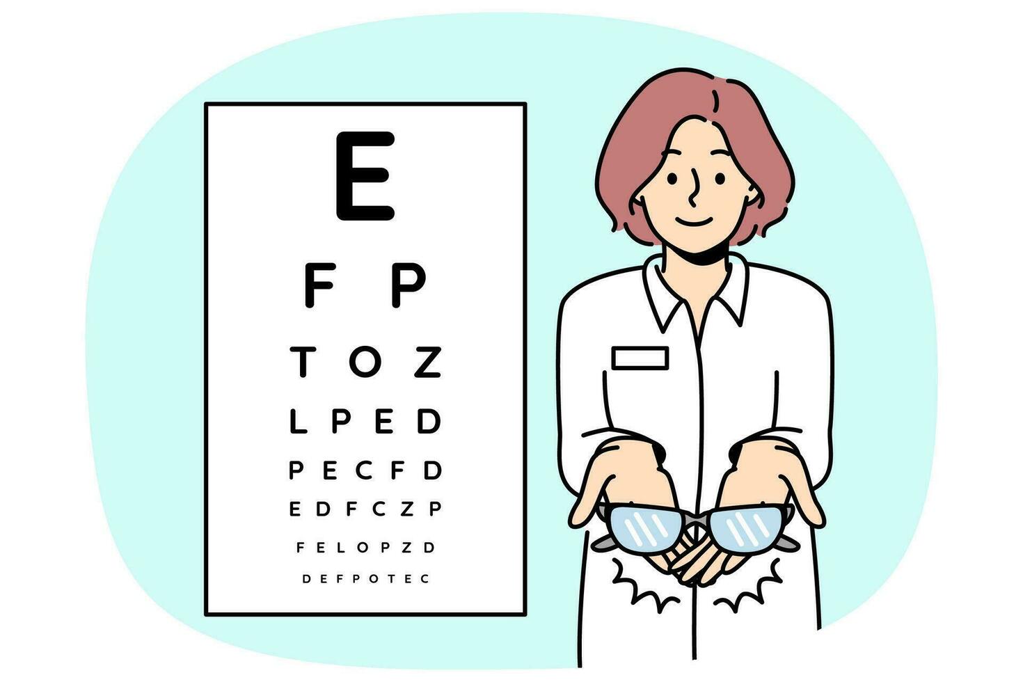 weibliche Augenärztin, die eine Brille auf dem Hintergrund-Augenprüfdiagramm hält. Sehtest in der Augenklinik. Brillenrezept. Vektor-Illustration. vektor