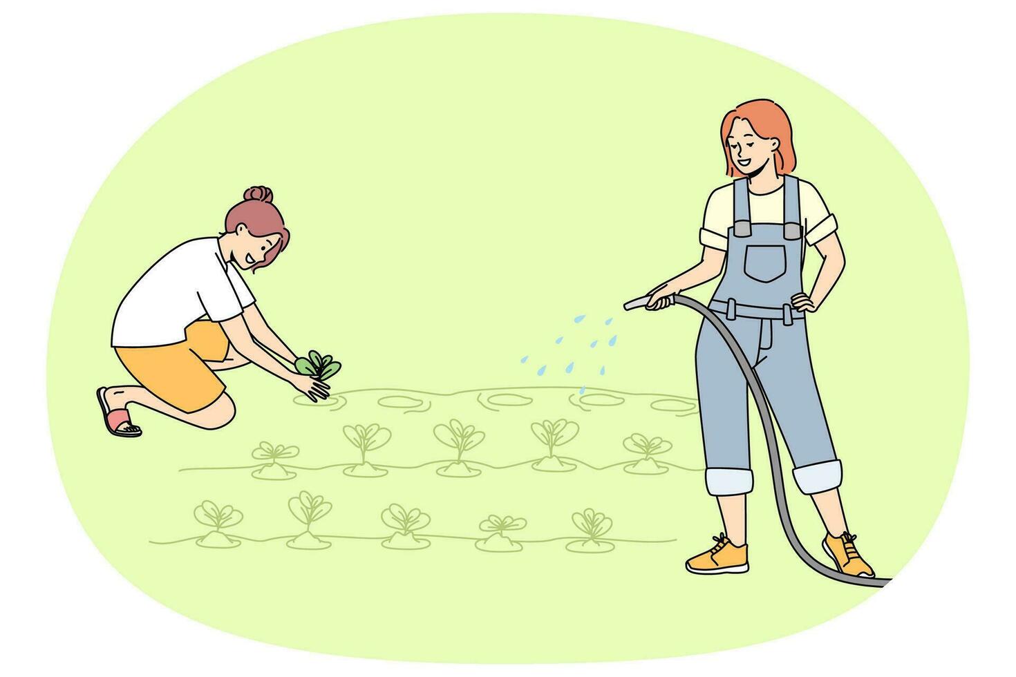 ung kvinnor arbetssätt i trädgård vattning växter tillsammans. kvinna tecknad serie tecken involverad i jordbruk eller lantbruk på plantage. vektor illustration.