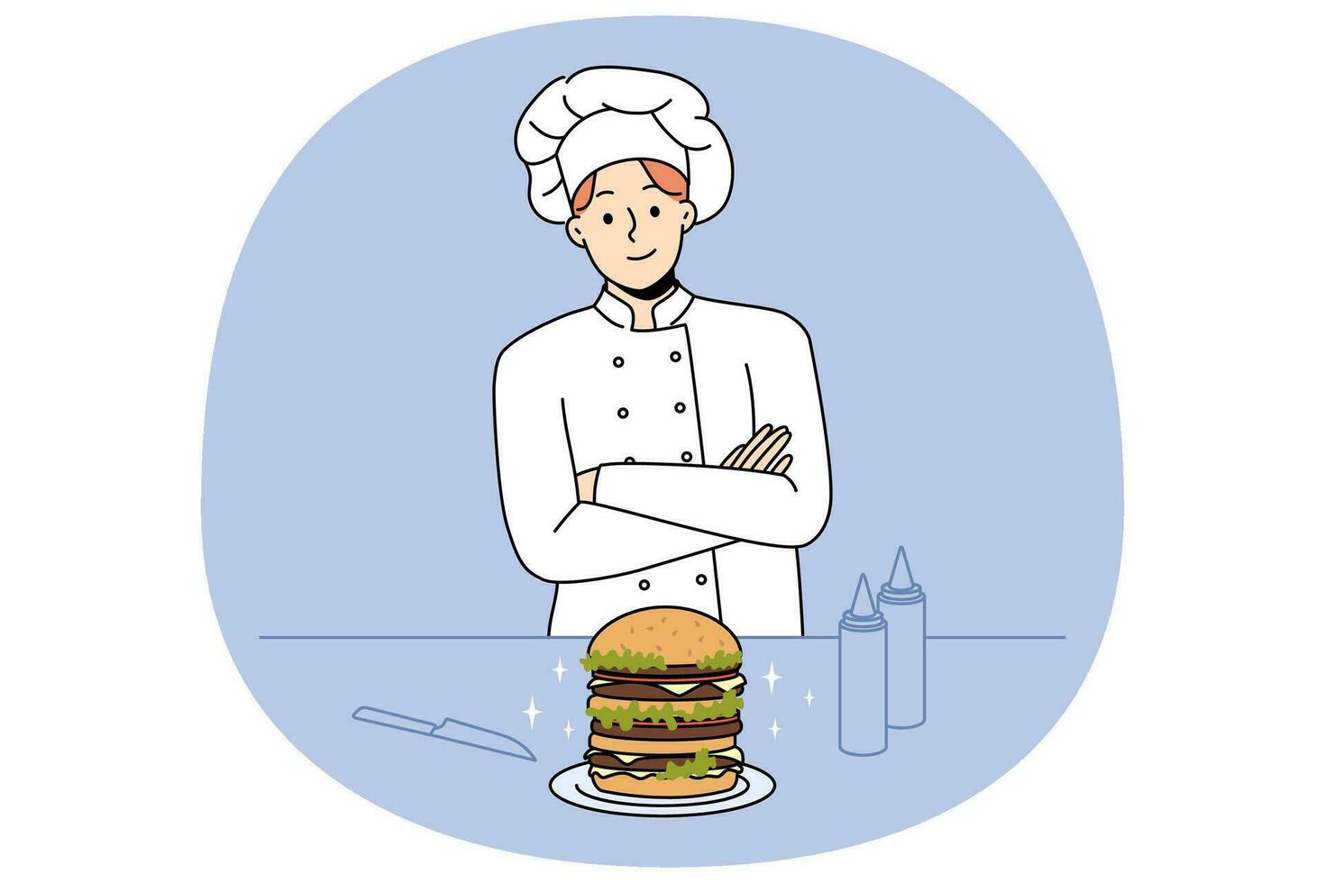 stolt manlig kock laga mat burger i bar eller Kafé. leende man i enhetlig framställning amerikan stil måltid. snabb mat på restaurang. vektor illustration.