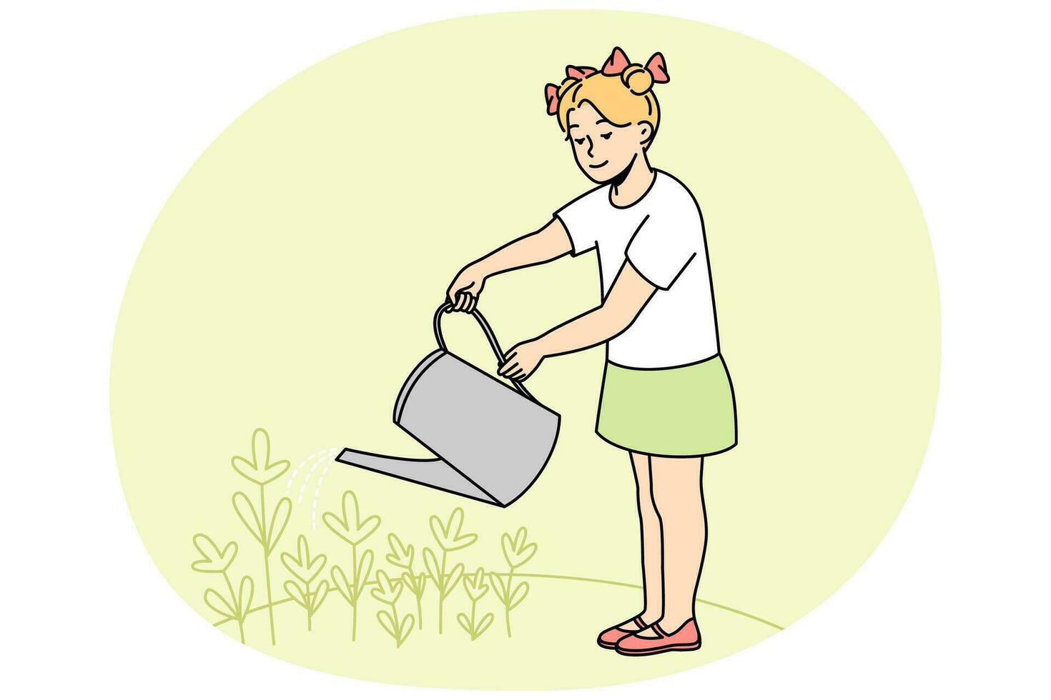 liten flicka barn innehav kan vattning blommor i trädgård. Lycklig unge ta vård av växter utanför. trädgårdsarbete och hortikultur. vektor illustration.