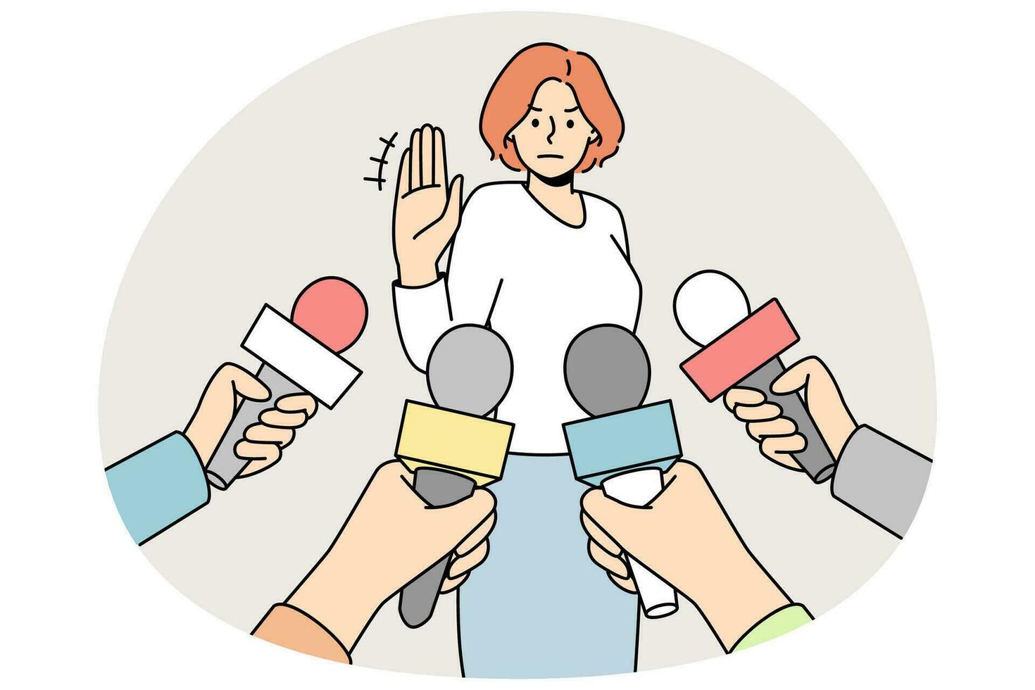 kvinna göra Nej kommentar gest på intervju med reportrar. fast besluten kvinna visa sluta hand tecken vägra prata med journalister. vektor illustration.