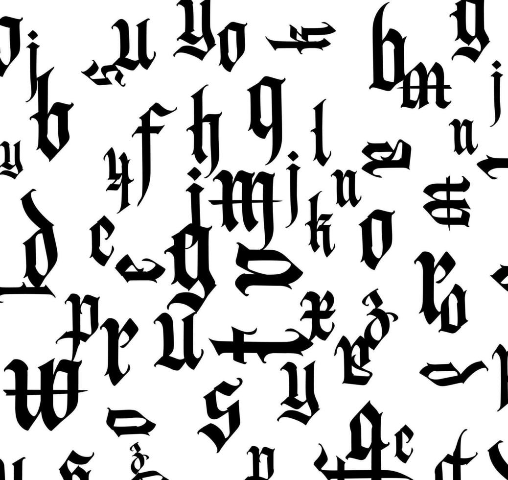 gotik font, sammansättning. vektor. medeltida latin brev. slumpmässig brev i slumpmässig ordning. svart brev isolerat på vit bakgrund. design för tyg och förpackning. vektor