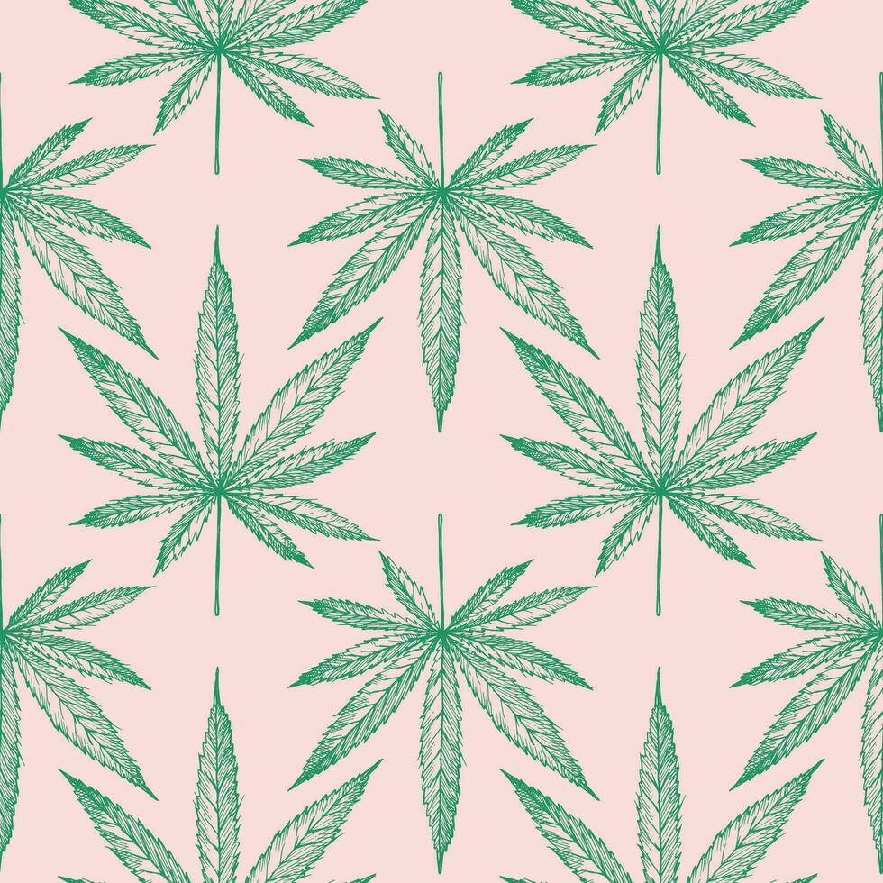 Hanf Blatt nahtlos Muster. wiederholen Hintergrund mit Cannabis Anlage, botanisch Motiv zum Verpackung, Textil, drucken, Vorlage, Karte. dekorativ Ornament Boho Stil Hand gezeichnet. Vektor Illustration