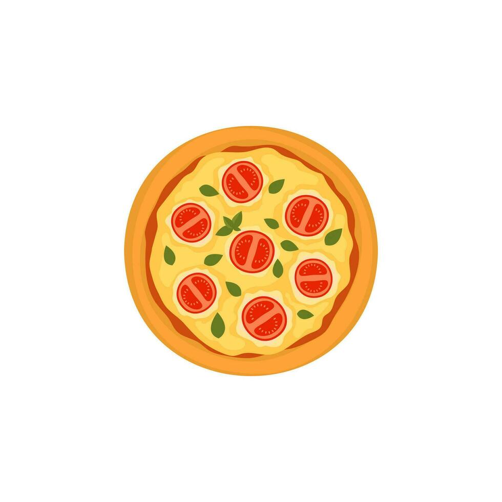 färsk pizza med tomat, ost, oliv, korv, lök, basilika. traditionell italiensk snabb mat. topp se måltid. europeisk mellanmål. isolerat vit bakgrund. vektor illustration.