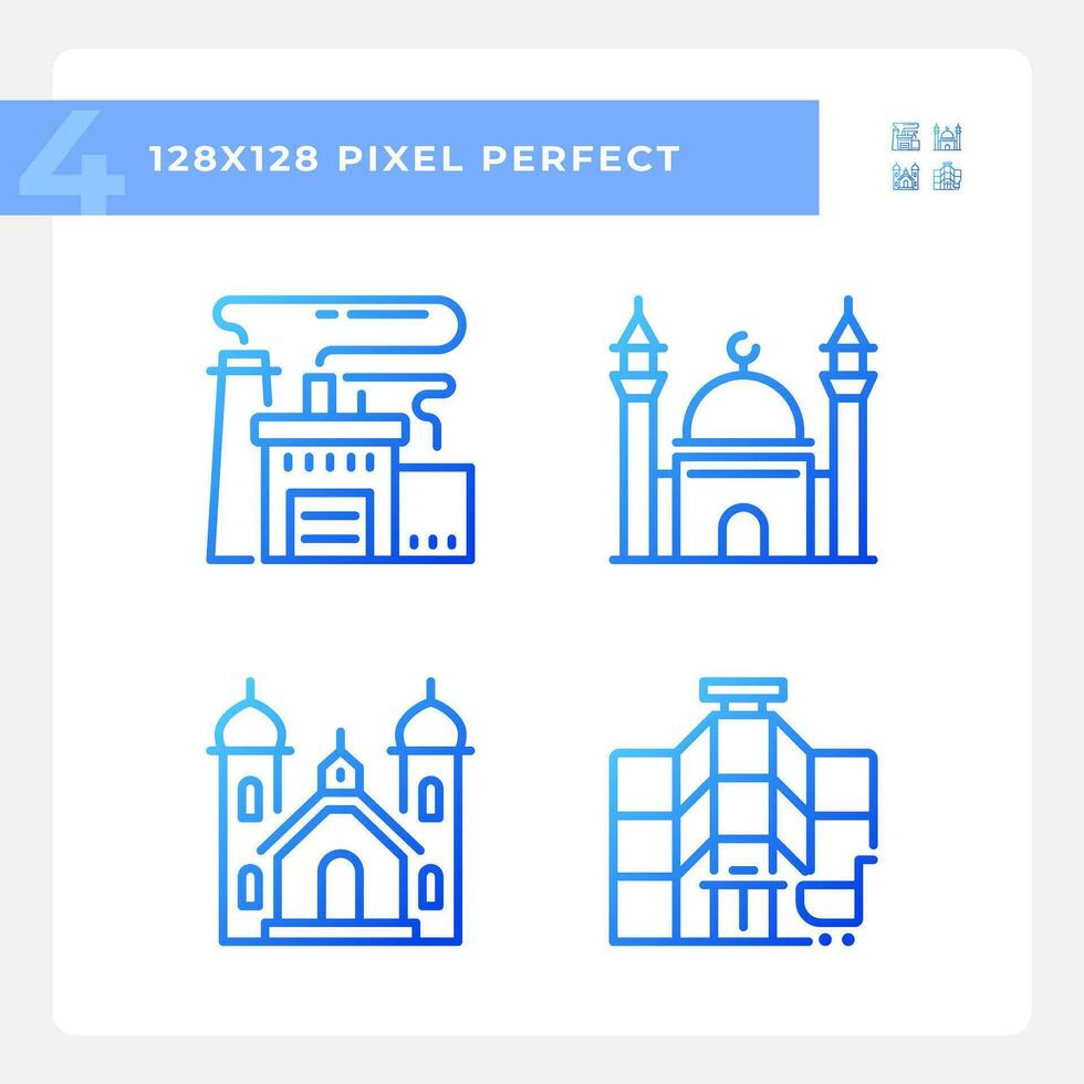 Pixel perfekt Blau Gradient Symbole einstellen Darstellen verschiedene Gebäude, dünn Linie Illustration. vektor