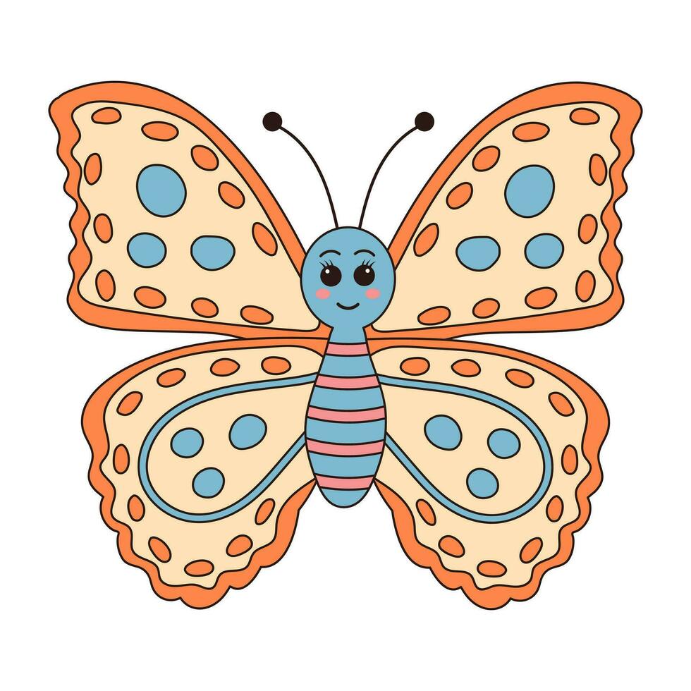 groovig retro Karikatur Schmetterling Charakter. linear Farbe Vektor Illustration