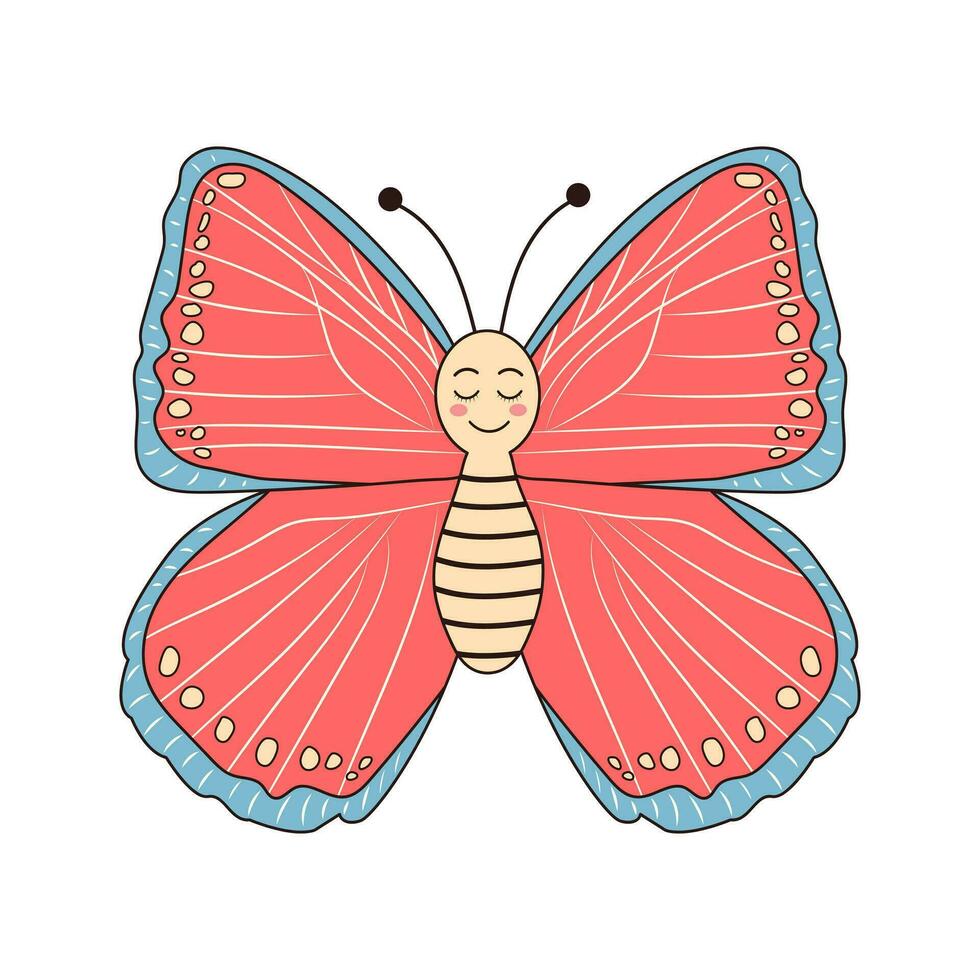 groovig retro Karikatur Schmetterling Charakter. linear Farbe Vektor Illustration