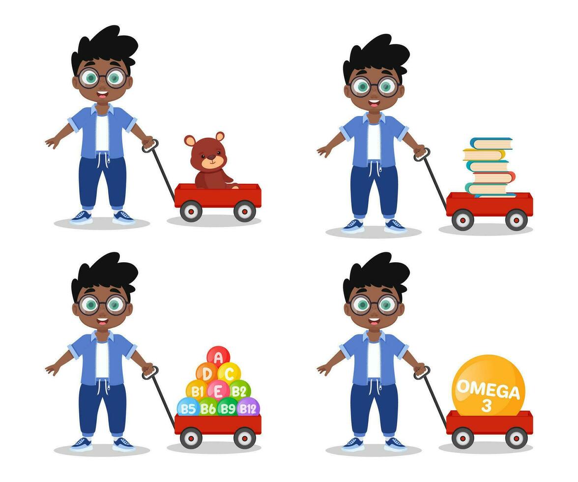 4 illustrationer av en pojke med en röd vagn vektor