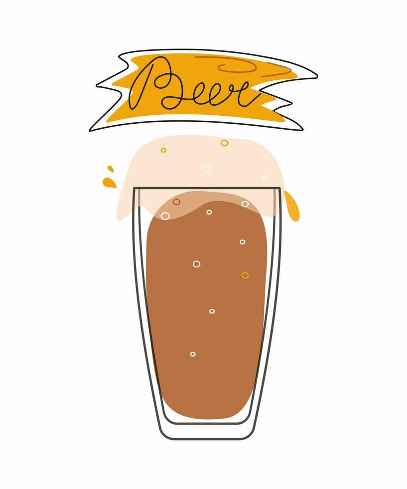 Bier im ein Glas. Getränk, trinken. Bier Tag, Festival, Urlaub , Bayern. Inschrift, Kalligraphie auf ein hölzern unterzeichnen. Oktoberfest, Oktober. Vektor Illustration, Hintergrund isoliert.