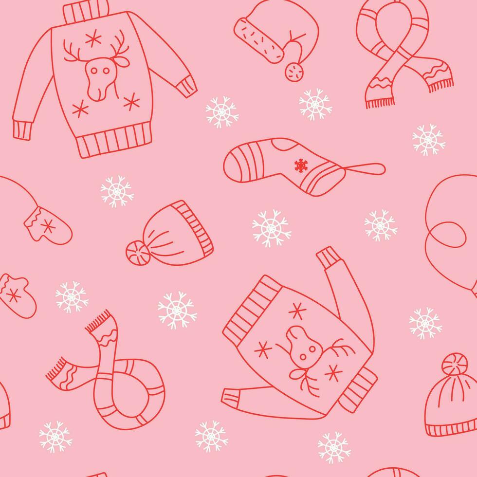 Vektor Winter Kleider Muster. Kleider gestrickt mit Weihnachten Ornament. Gekritzel Zeichnungen, Symbole. zum festlich Verpackung, Textilien. Vektor Illustration. das nahtlos Hintergrund ist isoliert.