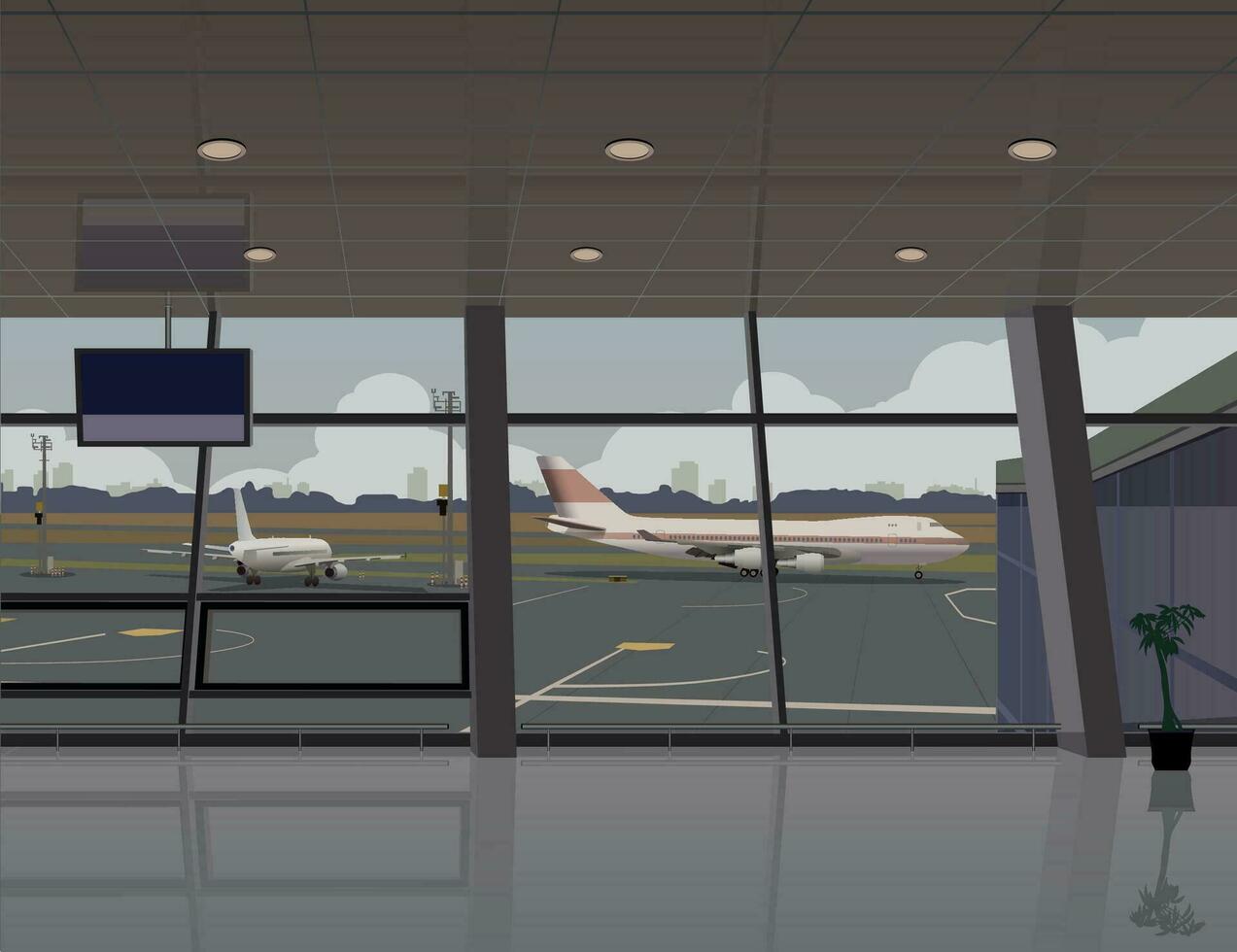 Aussicht von das Flugplatz und Flugzeug von das groß Fenster von das Flughafen Terminal. Vektor. vektor
