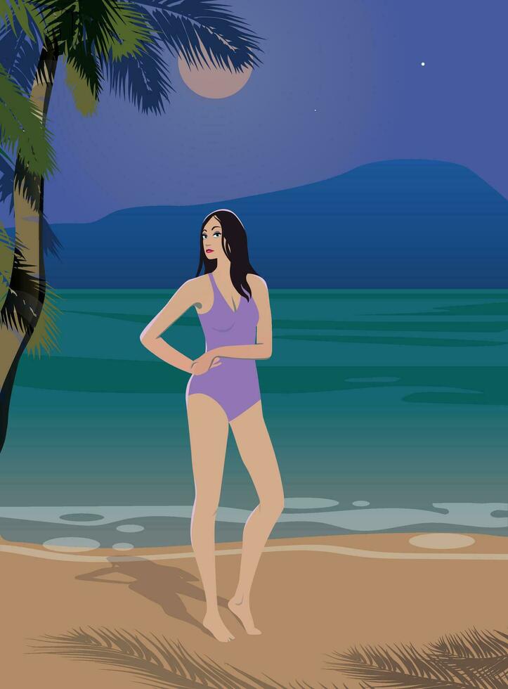 flicka på de strand på en månljus natt. vektor. vektor