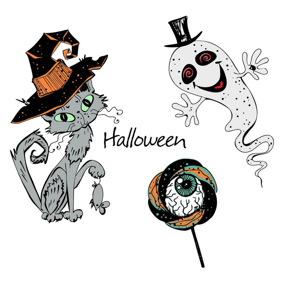 dekorativ Elemente zum Halloween. ein Katze im ein Hexe Hut mit ein Geist, ein Lutscher mit ein Grusel Auge. Vektor