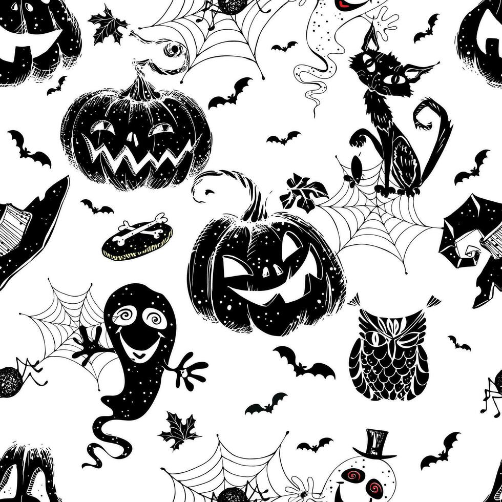 nahtlos Halloween-Themen Muster mit Kürbisse und verschiedene Grusel Elemente. Vektor