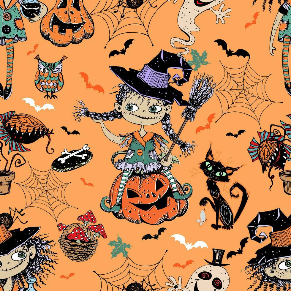 nahtlos Muster auf Halloween Thema mit wenig Mädchen Hexen Kürbisse und verschiedene Grusel Elemente. Vektor
