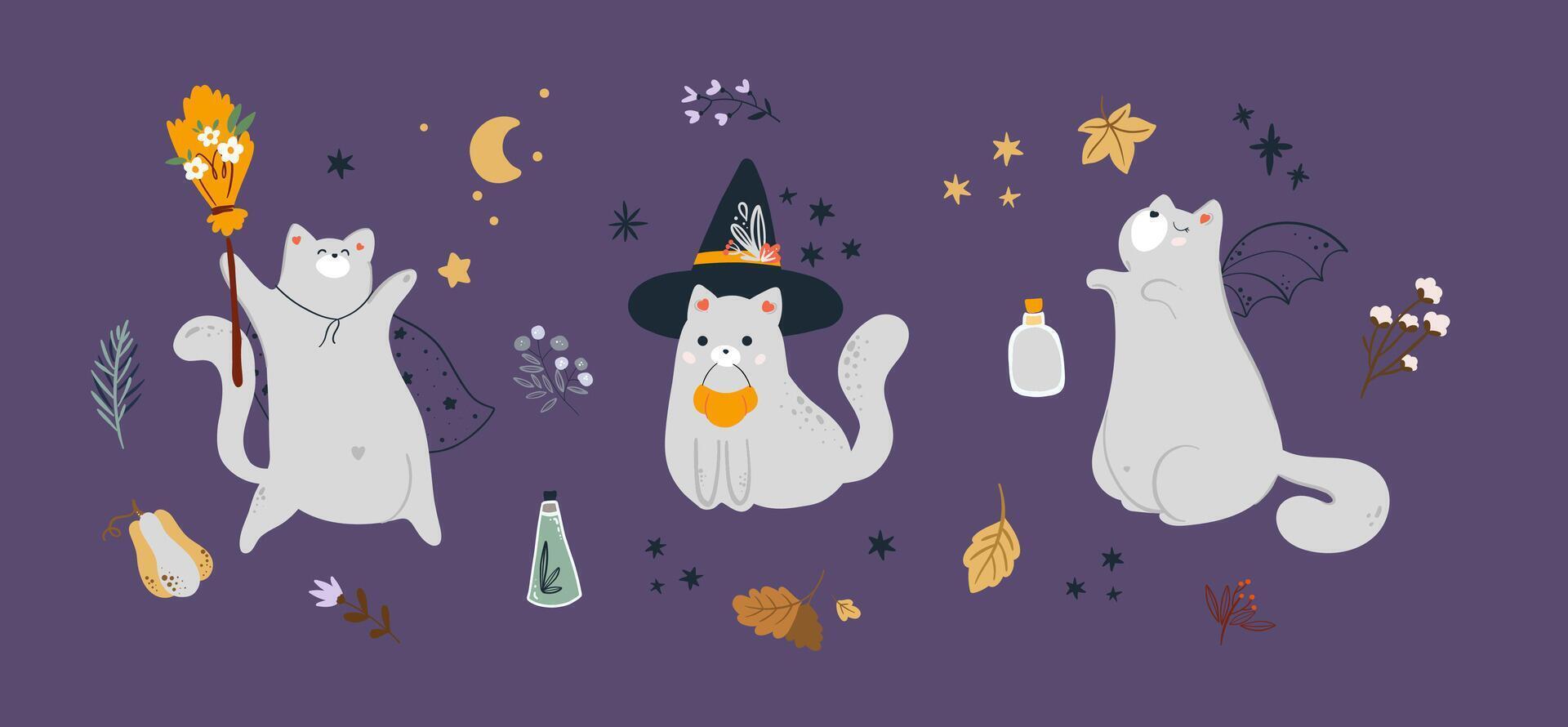 einstellen von süß Geister und Katzen. glücklich Halloween. kindisch unheimlich und lächelnd gruselig Figuren. großartig zum Ihre Design, Postkarte, Poster, Kinder Zimmer, Logo, drucken. isoliert eben Vektor Illustration