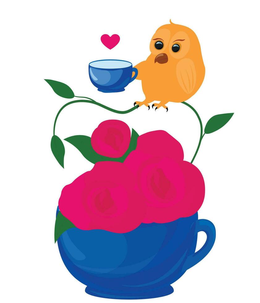 süß Eule auf ein Kaffee Becher. gut Morgen. Pfingstrosen, Blumen. Vektor Lager Illustration. isoliert auf ein Weiß Hintergrund.