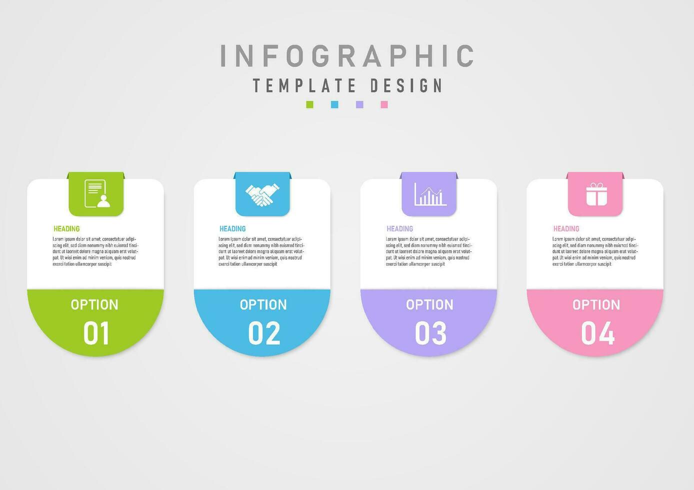 mall enkel infographic 4 alternativ fyrkant företag med mång färgad pastell halvcirklar mitten brev på vit bakgrund, vit tal Nedan, vit ikoner ovan, grå lutning bakgrund. vektor