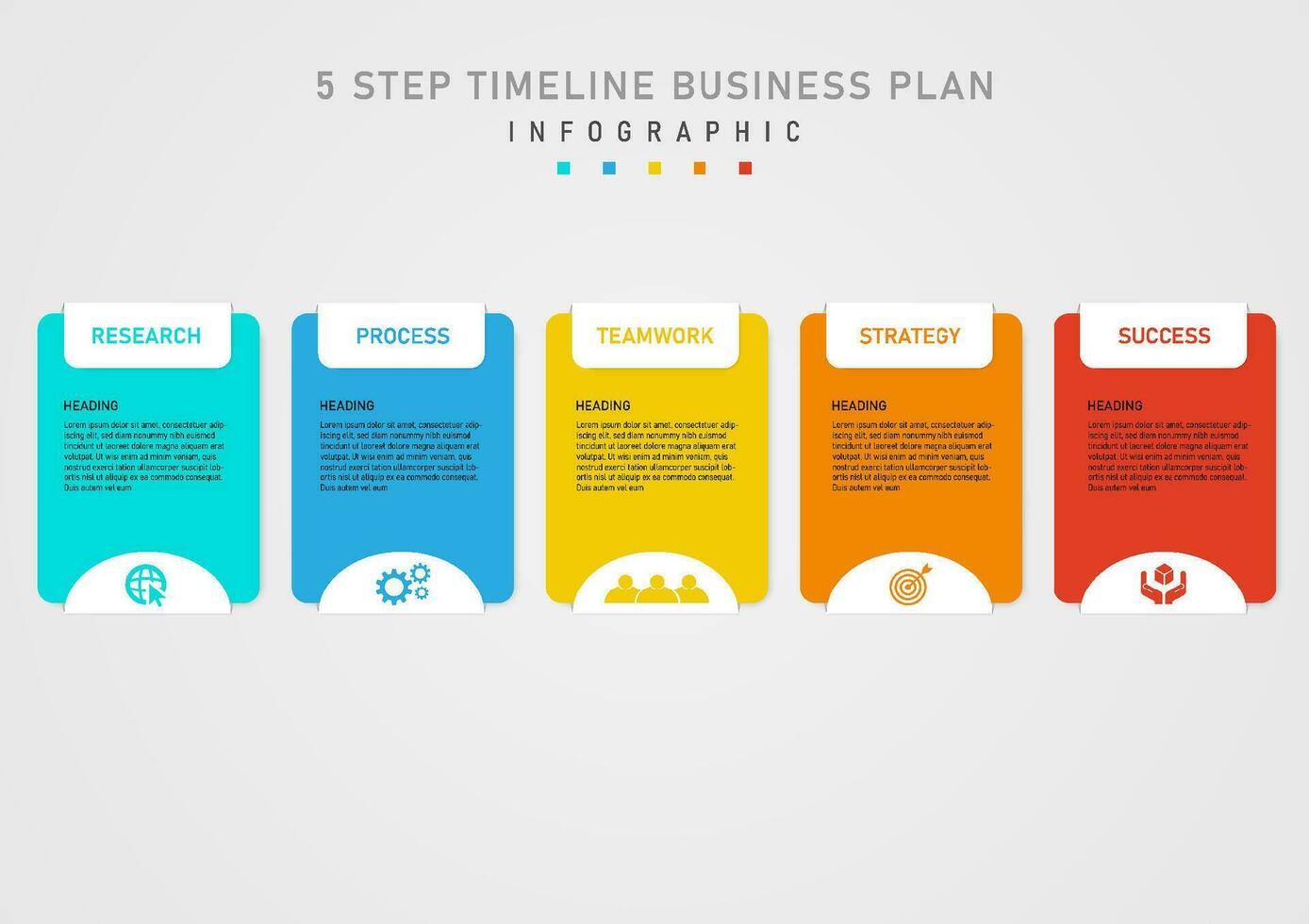 infographic 5 steg företag planen Framgång fyrkant mång Färg mitten svart brev vit fyrkant topp Centrum Färg tecken de botten vit halvcirkel med de ikon på en grå lutning bakgrund. vektor