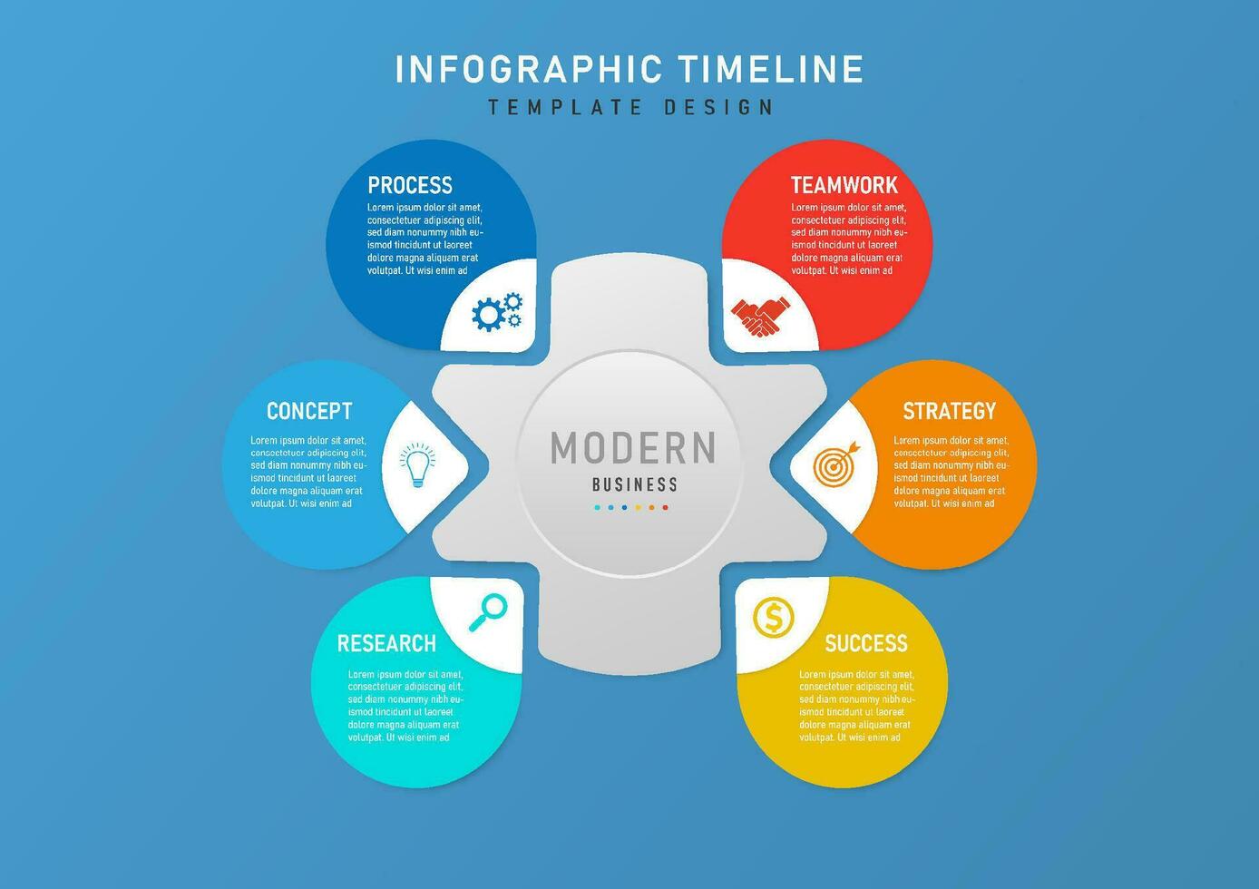 infographic tidslinje 6 steg Framgång företag planera cirkulär mång färgad spetsig fodrad hörn ikoner vit centrerad brev blå lutning bakgrund design för projekt, marknadsföring, produkt vektor