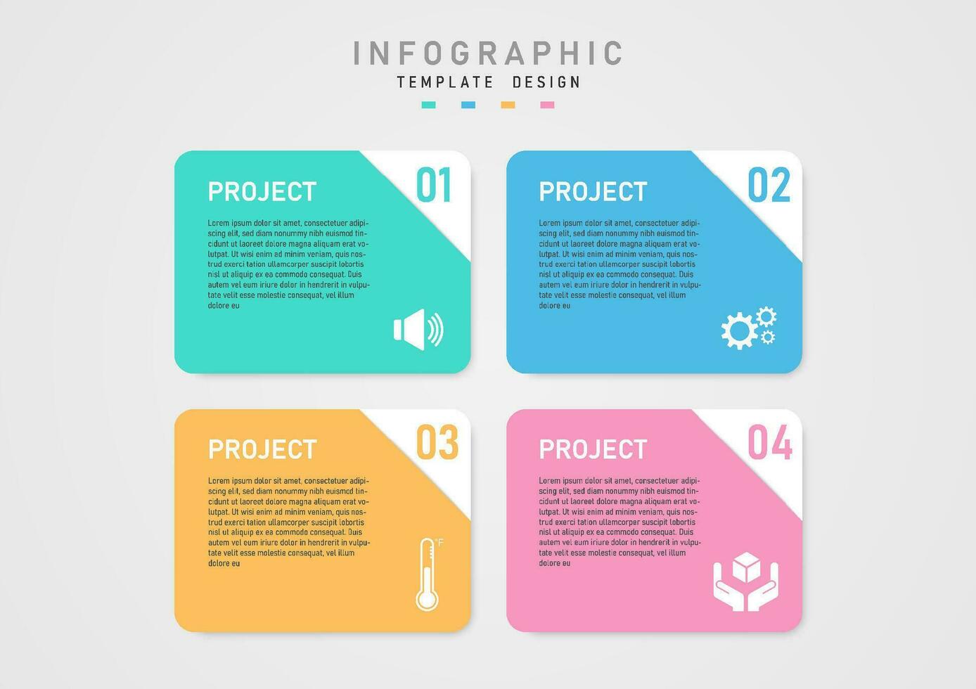 Infografik einfach Vorlage 4 Geschäft Projekt schön hell Pastell- farbig Quadrate. Zahlen im das Ecken auf ein Weiß Hintergrund Weiß Briefe und Symbole im das Center grau Gradient Hintergrund vektor