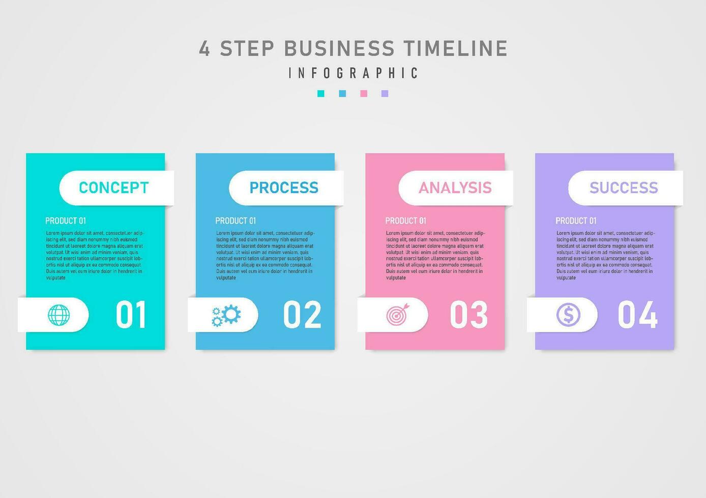 infographic mall enkel 4 företag steg mång färgad kvadrater mitten brev Nedan är tal och ikoner på vit avrundad rutor. grå lutning bakgrund design för marknadsföring, produkt, projekt vektor