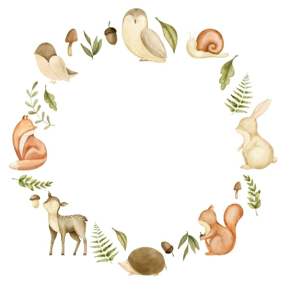 Kranz mit Wald Tiere. Hand gezeichnet Illustration von kreisförmig Wald Rahmen mit Fuchs, Hirsch und Blätter auf isoliert Hintergrund. Vorlage zum Baby Dusche Einladungen oder kindisch Geburtstag Karte vektor