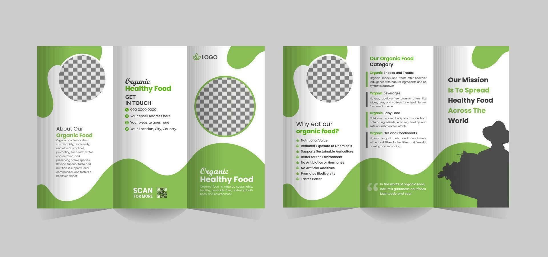 organisk mat trifold broschyr mall eller organisk friska mat affär tri vika ihop broschyr design, grön mat trifold broschyr mall och jordbruk mat trifold broschyr mall vektor