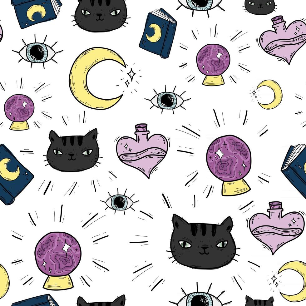 süßes weißes Muster mit Linie weiße Katze Mond Halloween Magie nahtlose Hintergrundtextilien für Kinder Minimalismus Papiereinklebebuch für Kinder vektor