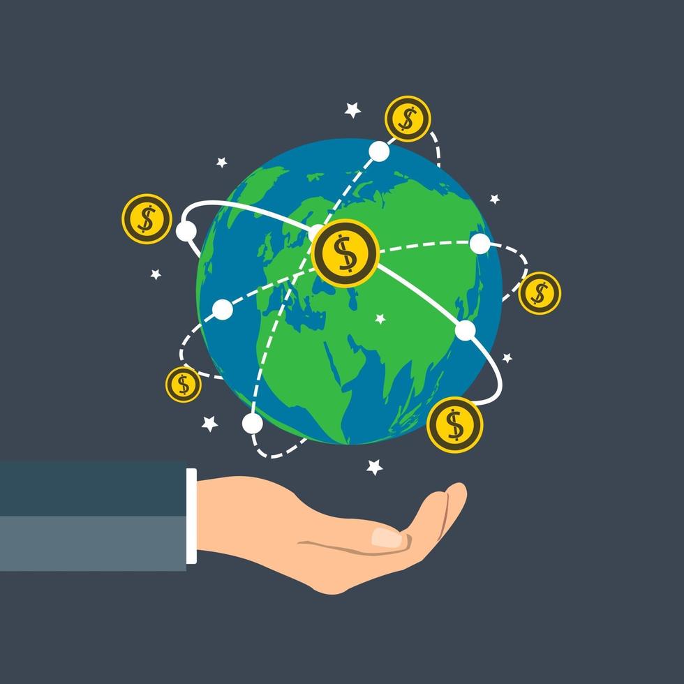 affärsman som håller jordklotet dollar mynt begreppet tillväxt diagram handen håller mynt snurra runt om i världen vektor