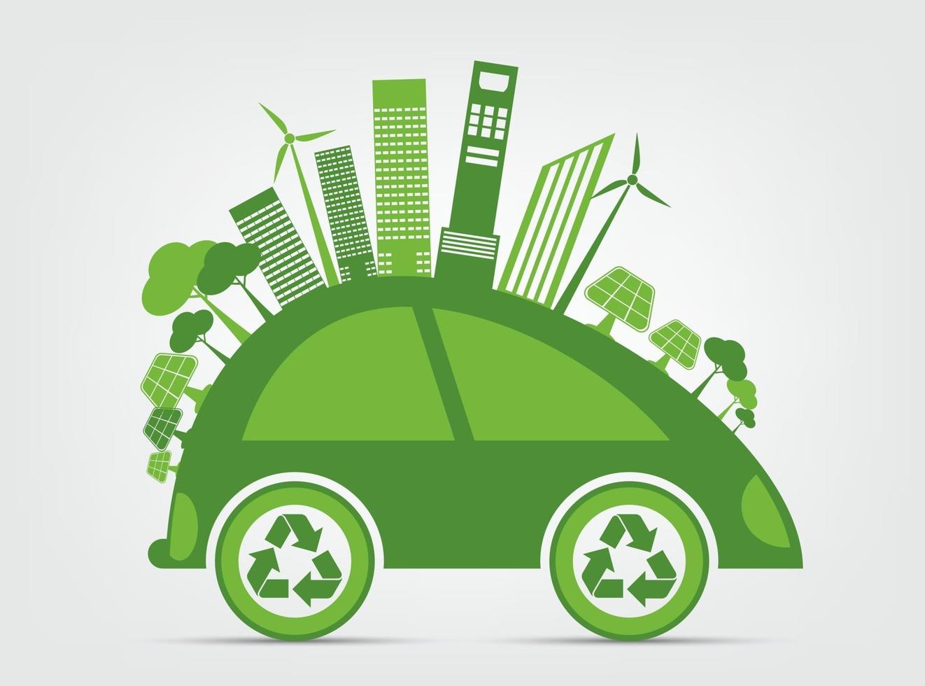 ekologi och miljö stadsbild koncept bil symbol med gröna blad runt städer hjälper världen med miljövänliga idéer vektor