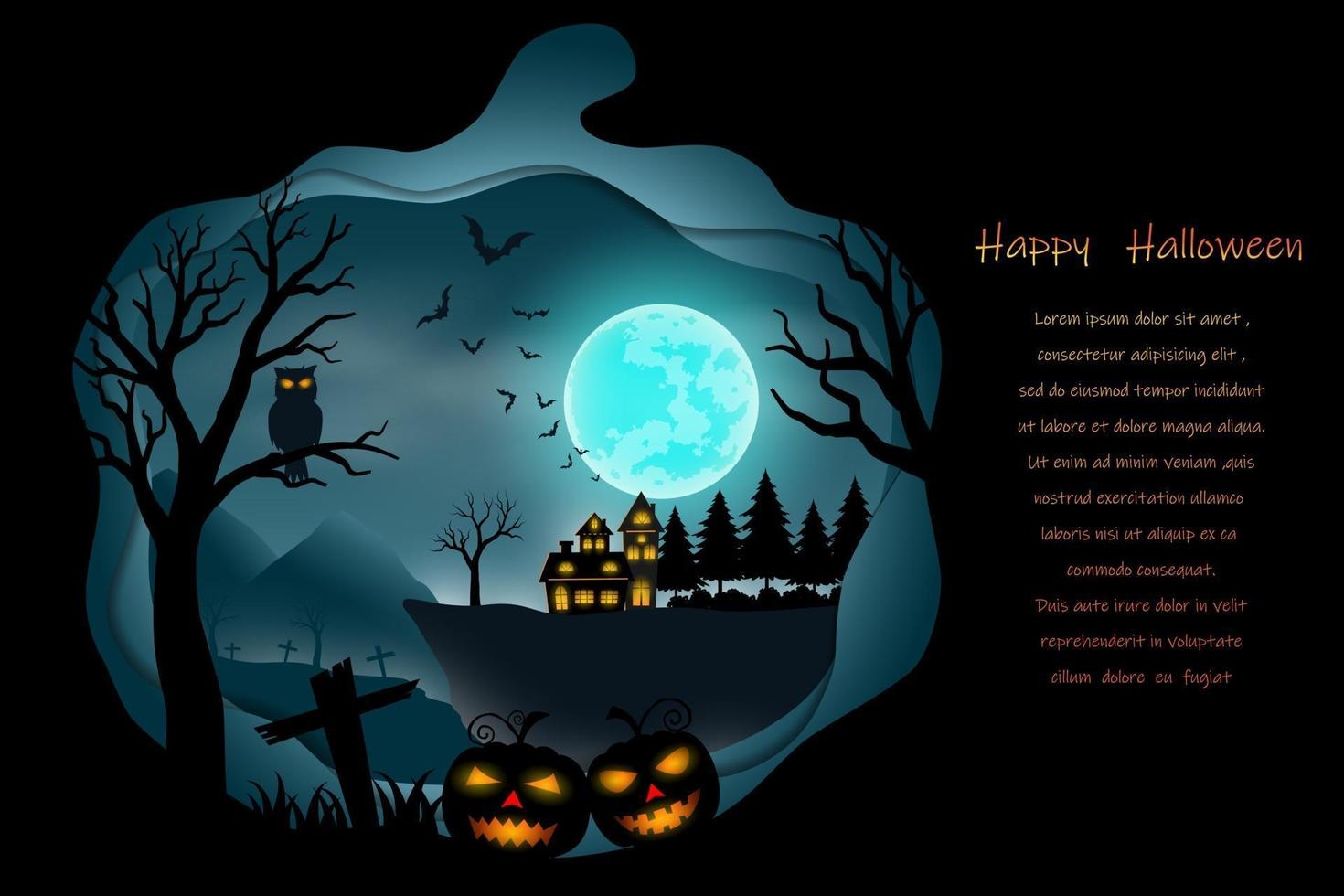 lycklig halloween med fullmåne på mörkblå bakgrund och plats för din text vektor