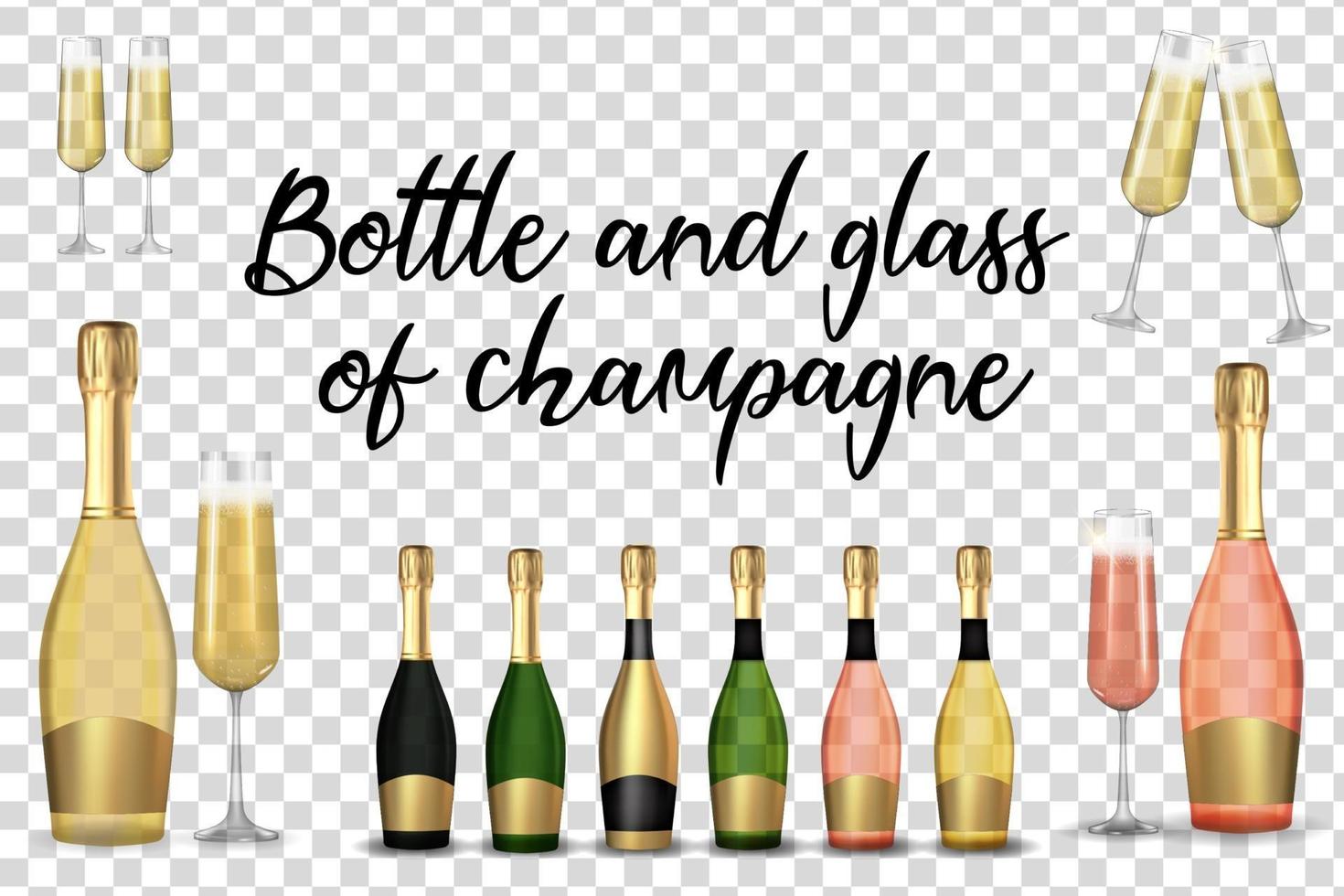 stor samling uppsättning realistiska 3d champagne gyllene och rosa och gröna flaskor och glas vektor
