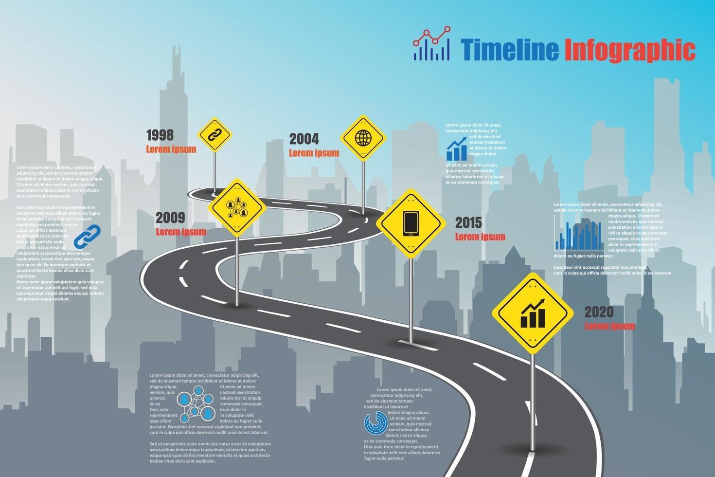 Business Roadmap Timeline Infografik Stadt mit Straßenschild entworfen Vorlage Meilensteinelement modernes Diagramm Prozesstechnologie digitales Marketing Daten Präsentation Diagramm Vektor Illustration