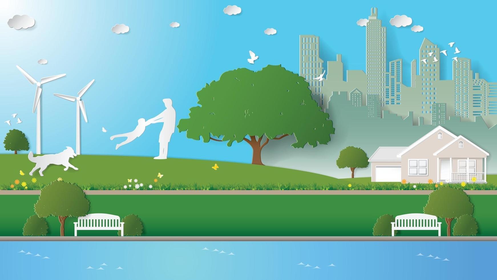 Papierfaltkunst Origami-Stil Vektor-Illustration grüne erneuerbare Energie Ökologie Technologie energiesparende umweltfreundliche Konzepte Erholung von Vater und Sohn in den Parks in der Nähe der Stadt vektor