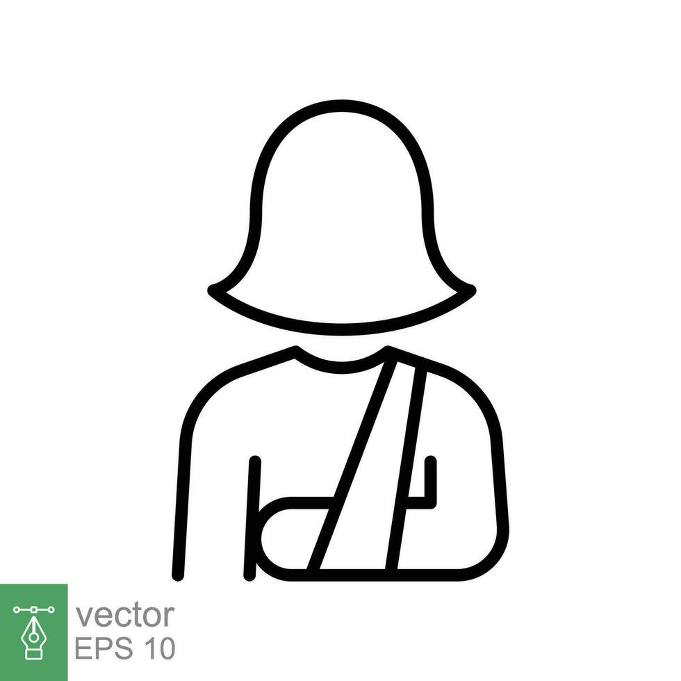 verletzt Frau im Binde Symbol. einfach Gliederung Stil. gebrochen Arm, geduldig, Verletzung, Person, weiblich, Wunde, medizinisch Konzept. dünn Linie Symbol. Vektor Illustration isoliert auf Weiß Hintergrund. eps 10.