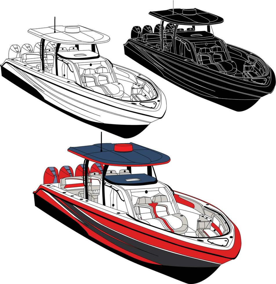 Boot Vektor, Angeln Boot Vektor, Linie Kunst Illustration und einer Farbe. vektor