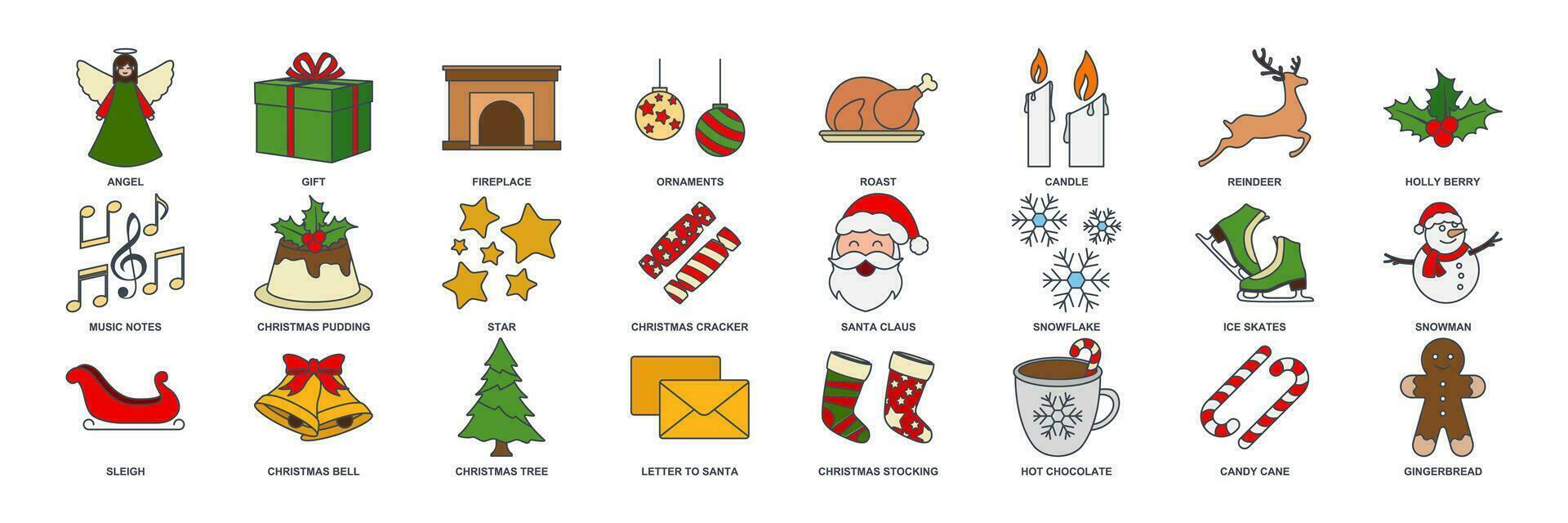 jul och ny år ikon uppsättning, inkluderad ikoner som jul träd, santa claus, varm choklad och Mer symboler samling, logotyp isolerat vektor illustration