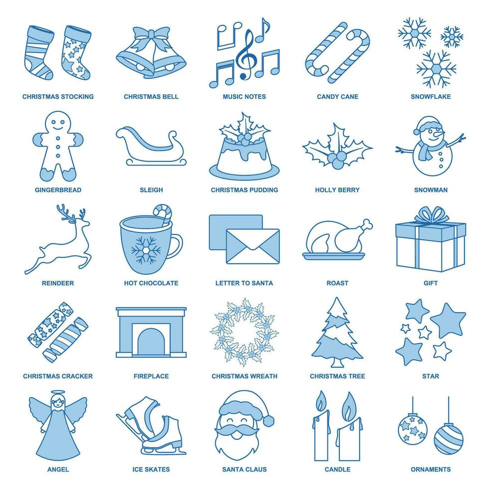 Weihnachten und Neu Jahr Symbol Satz, inbegriffen Symbole wie Weihnachten Baum, Santa Klaus, heiß Schokolade und Mehr Symbole Sammlung, Logo isoliert Vektor Illustration