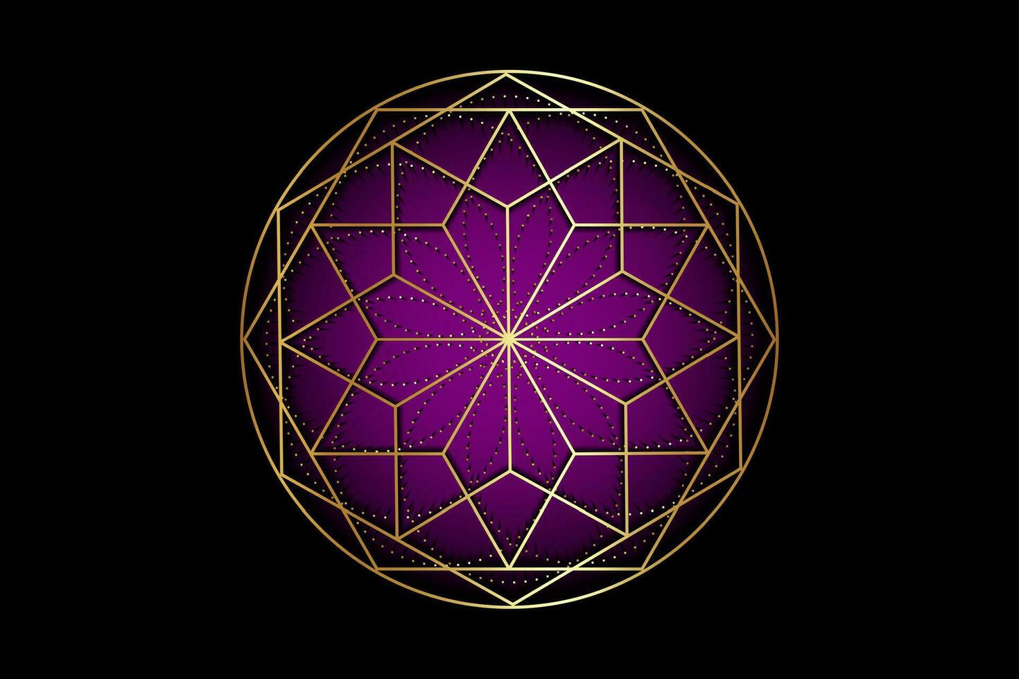 Gold Mandala von heilig uralt Geometrie. Chakra Symbole, Sahasrara, violett Farbe, Krone chakra. Alchimie, Religion, Philosophie, Spiritualität Themen. golden Logo Symbol isoliert auf schwarz Hintergrund vektor
