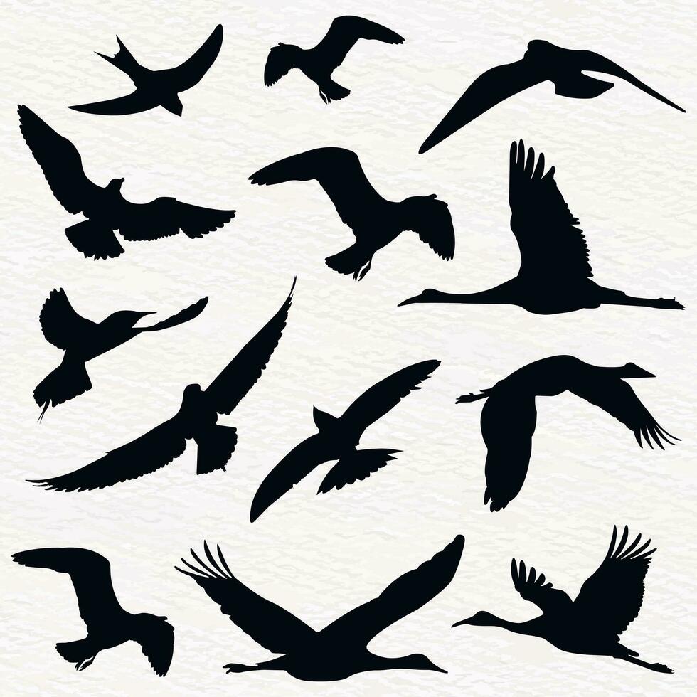 flock av flygande fåglar i en uppsättning av vektor silhuetter