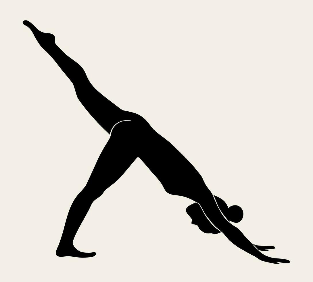 Frau tun Yoga, Pilates. schlank Mädchen tun Yoga. Hand gezeichnet schwarz Silhouette Vektor Illustration. Krieger Pose. Gesundheit Pflege und Lebensstil Konzept. weiblich Yoga.